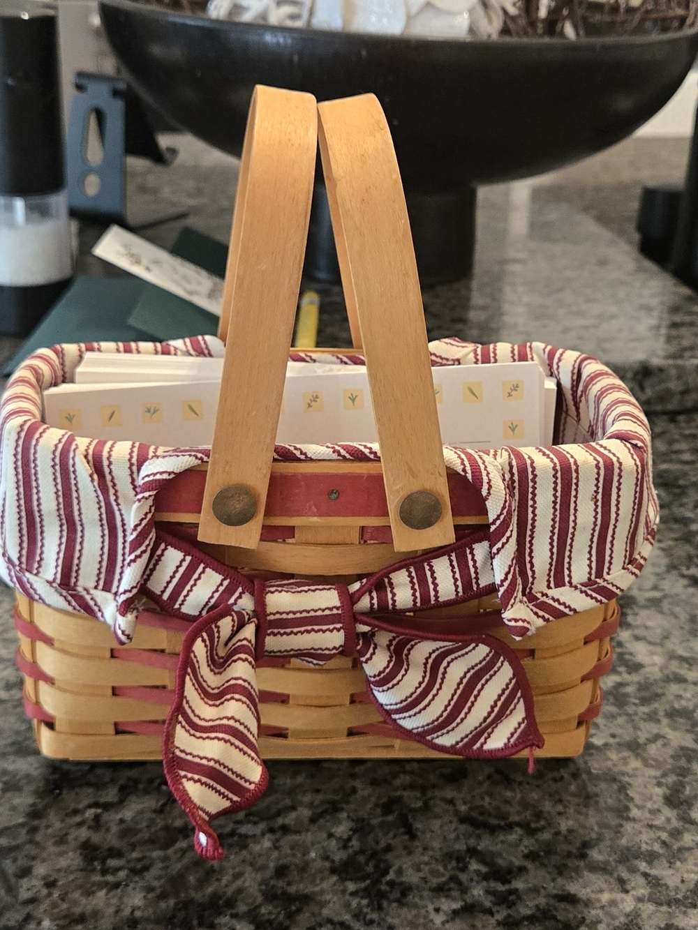 Longaberger Natural Oak Wood Basket with Red and Cream Striped Liner